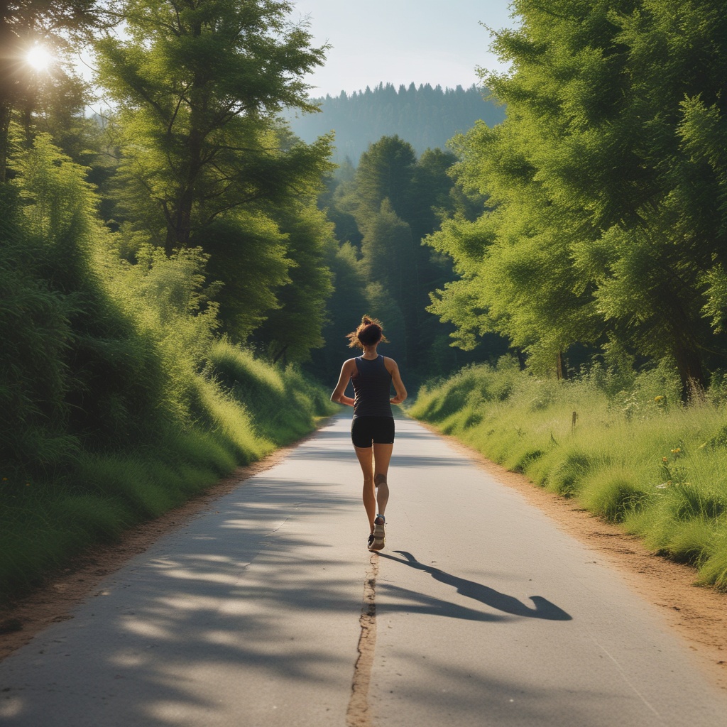 Person running on a road surrounded by greenery